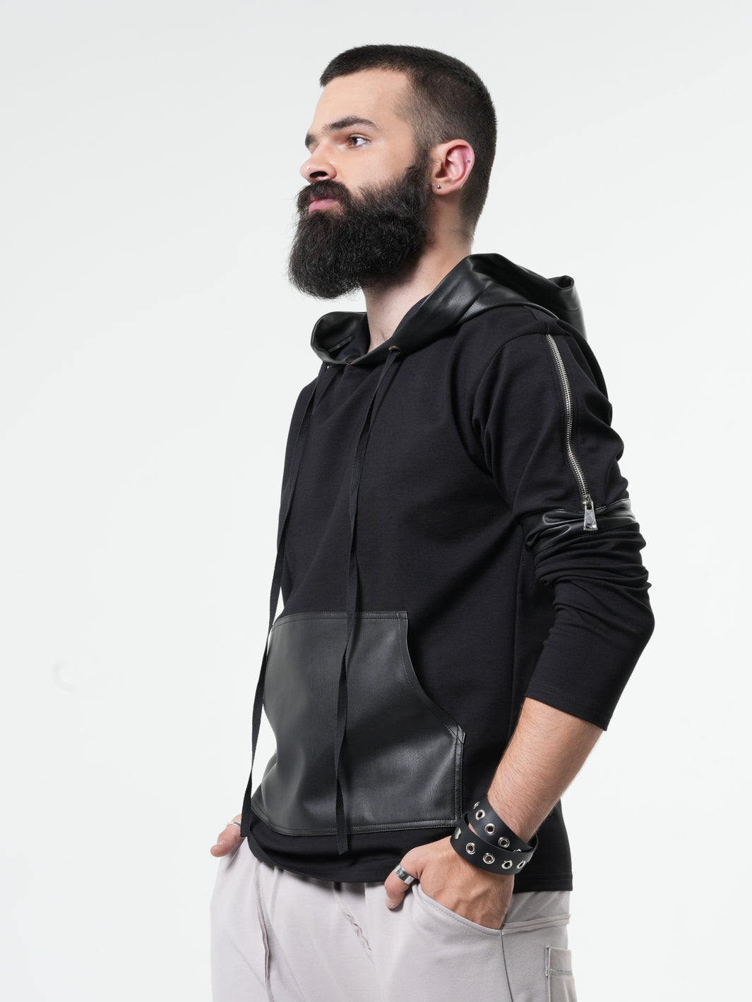 Hooded Sweatshirt with Zipper Closure and Synthetic Accent Panels