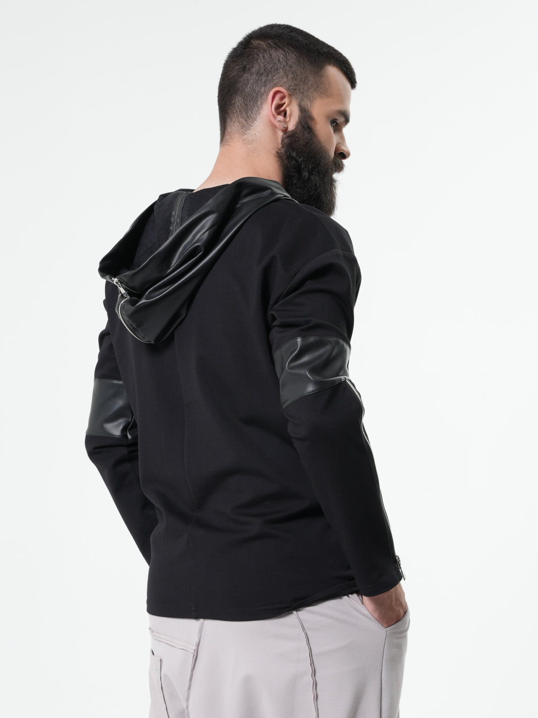 Hooded Sweatshirt with Zipper Closure and Synthetic Accent Panels