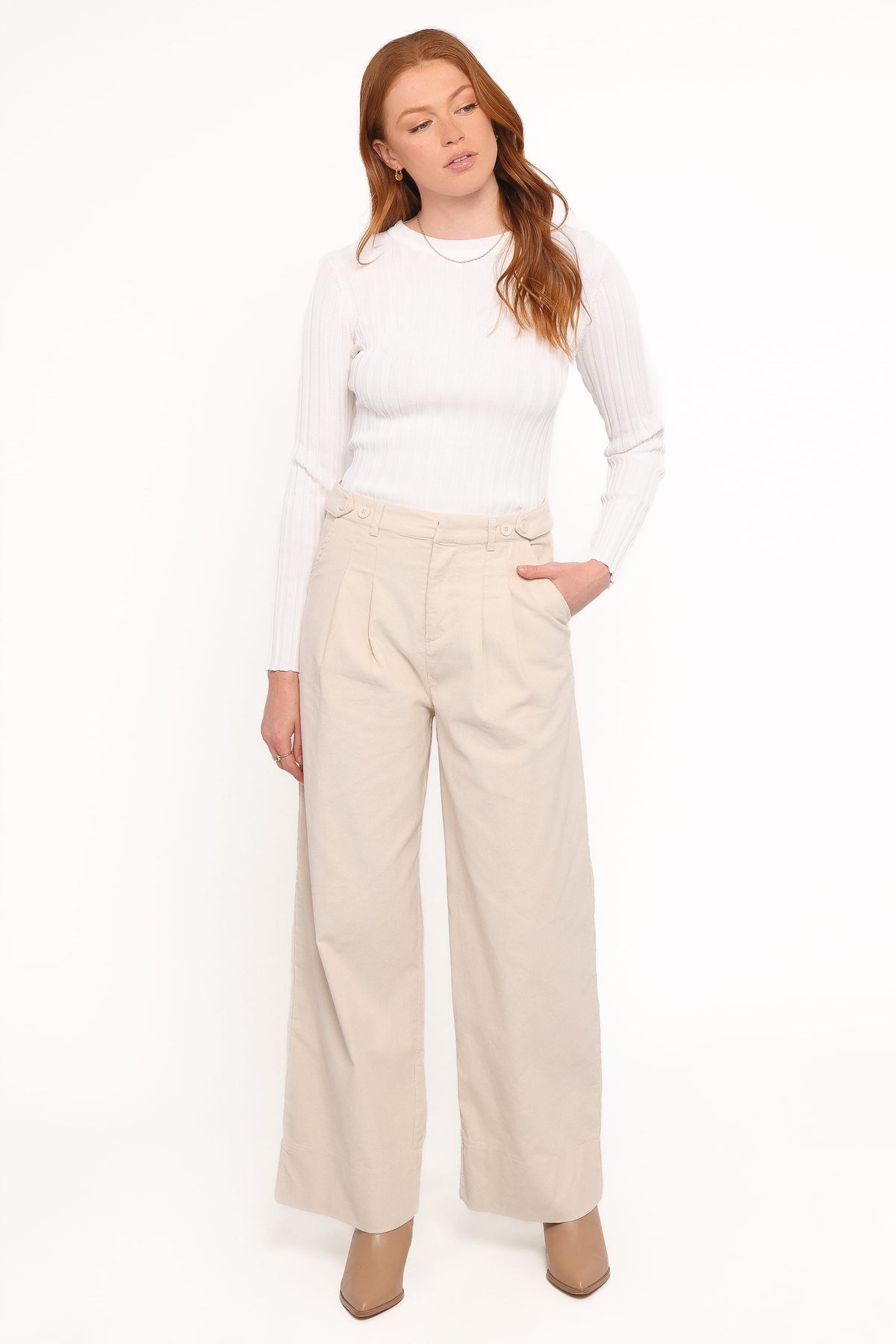 Petal and Pup USA BOTTOMS Faelan Wide Leg Cord Pants - Beige