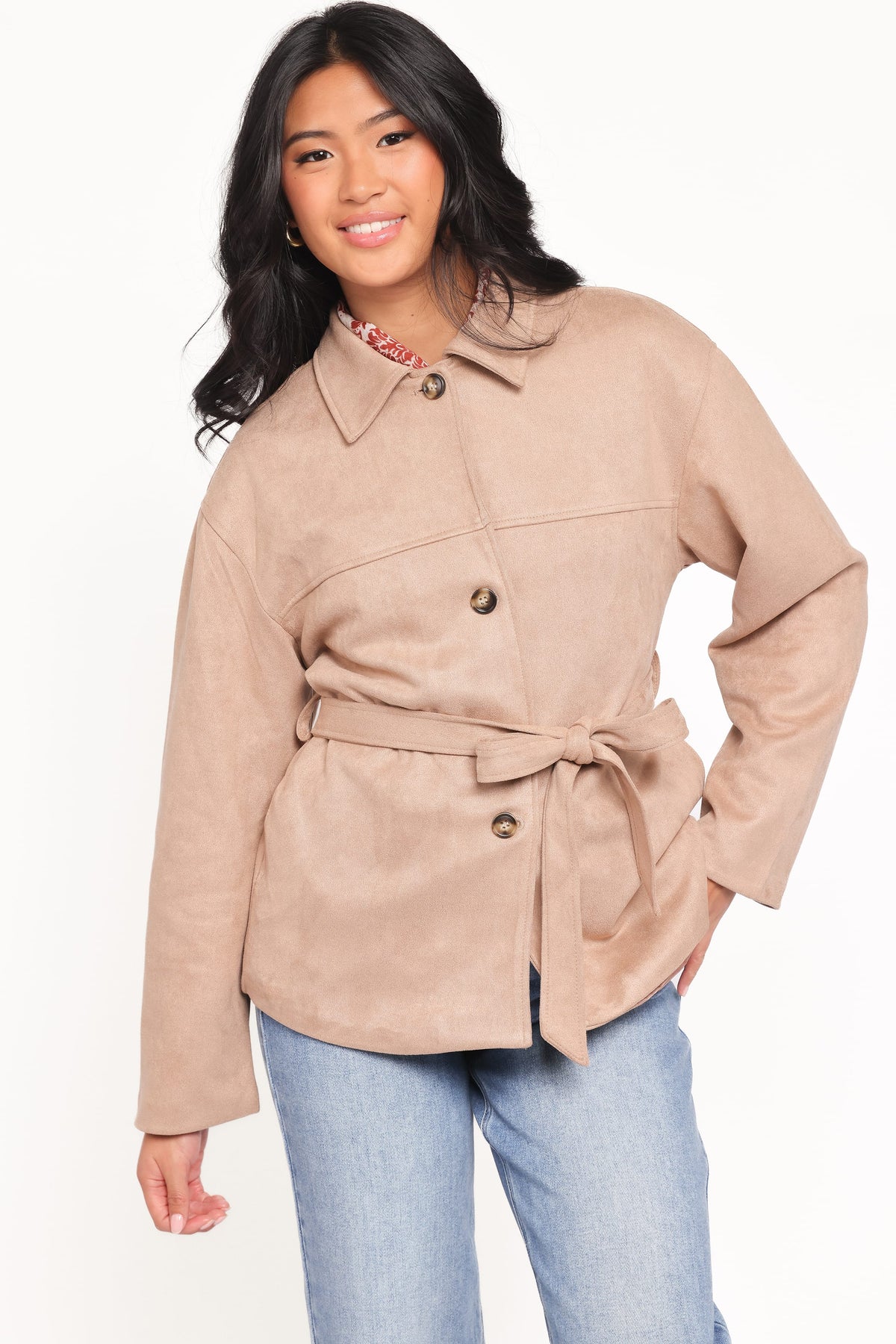 Petal and Pup USA OUTERWEAR Nelly Faux Suede Cropped Trench Coat - Mushroom