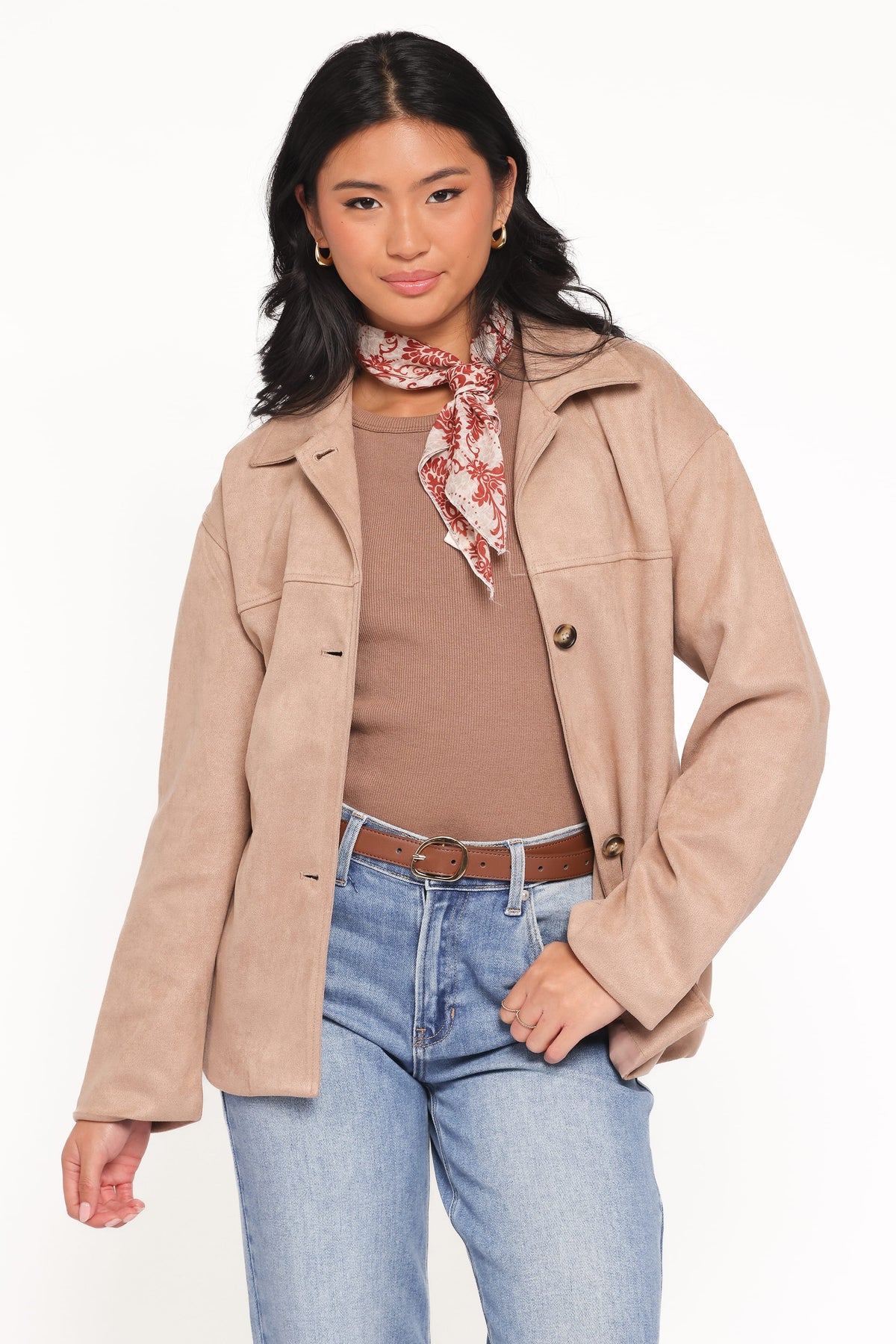 Petal and Pup USA OUTERWEAR Nelly Faux Suede Cropped Trench Coat - Mushroom