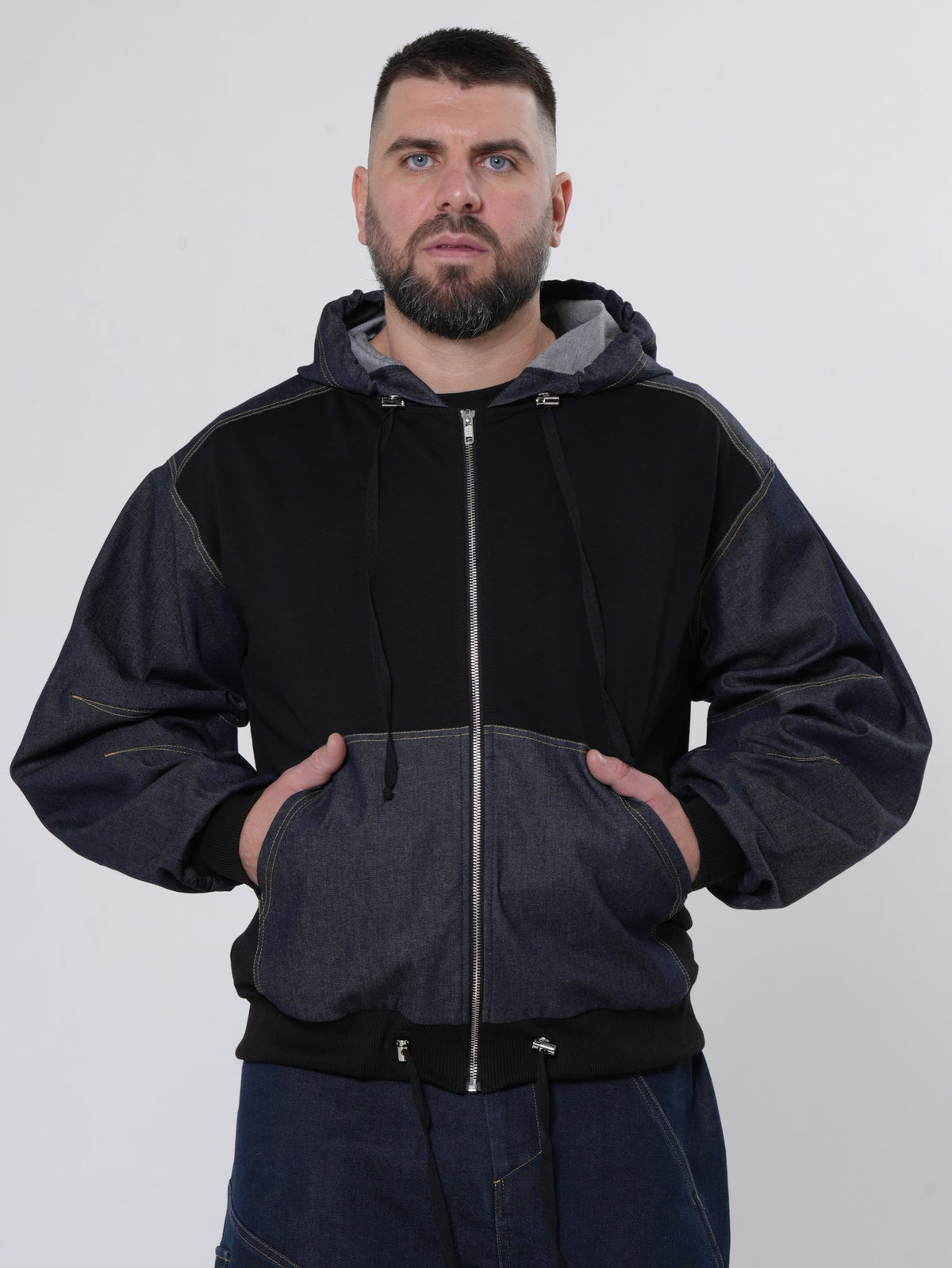 Men's Zip Jacket with Denim Shoulder Panels and Attached Hood