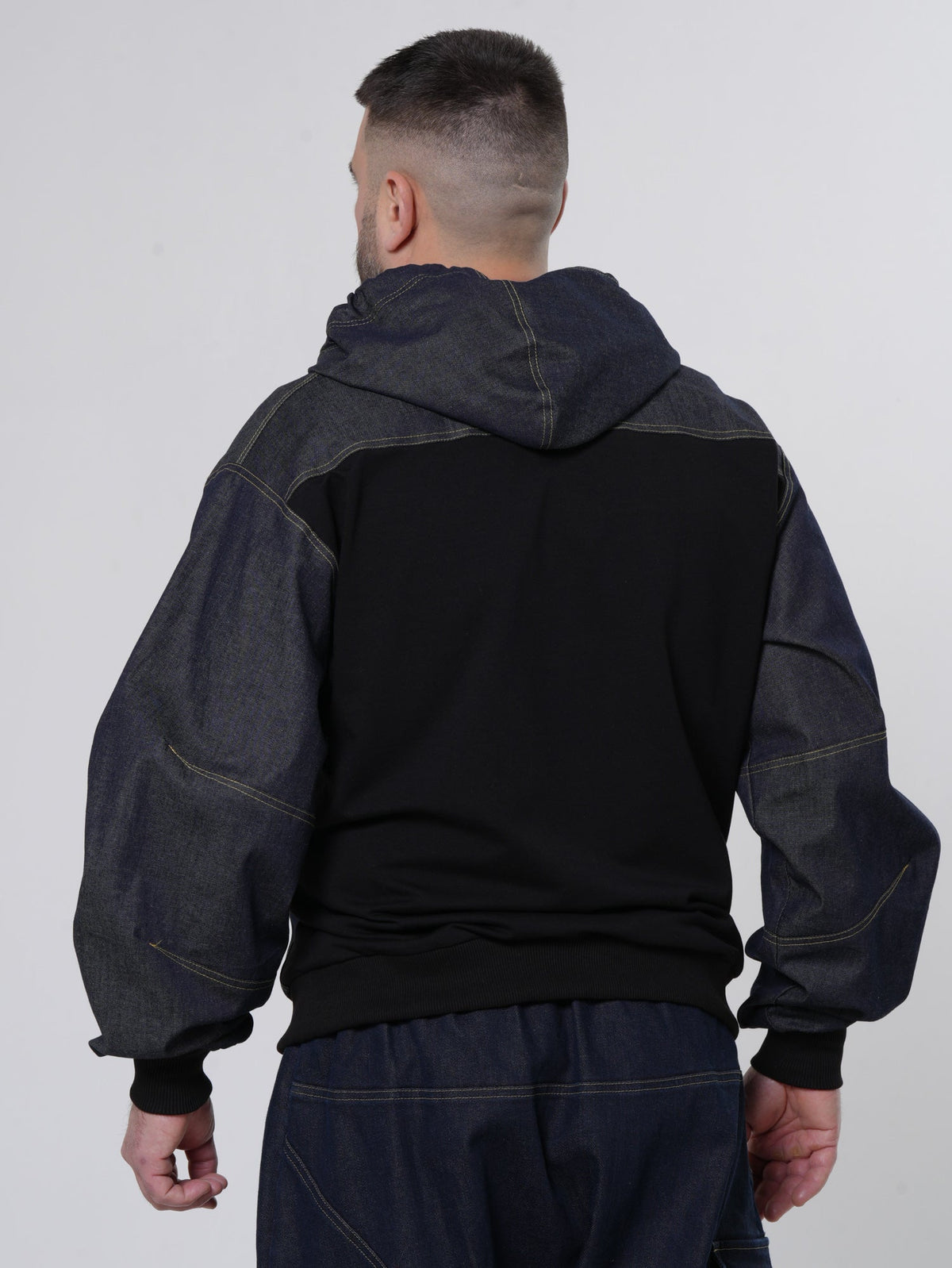 Men's Zip Jacket with Denim Shoulder Panels and Attached Hood