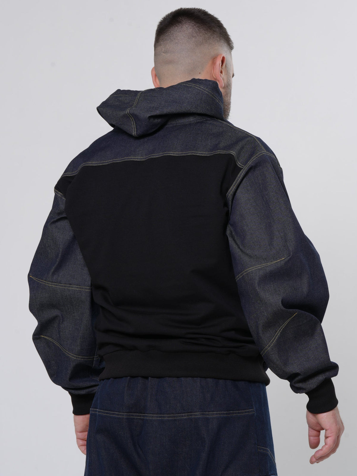 Men's Zip Jacket with Denim Shoulder Panels and Attached Hood