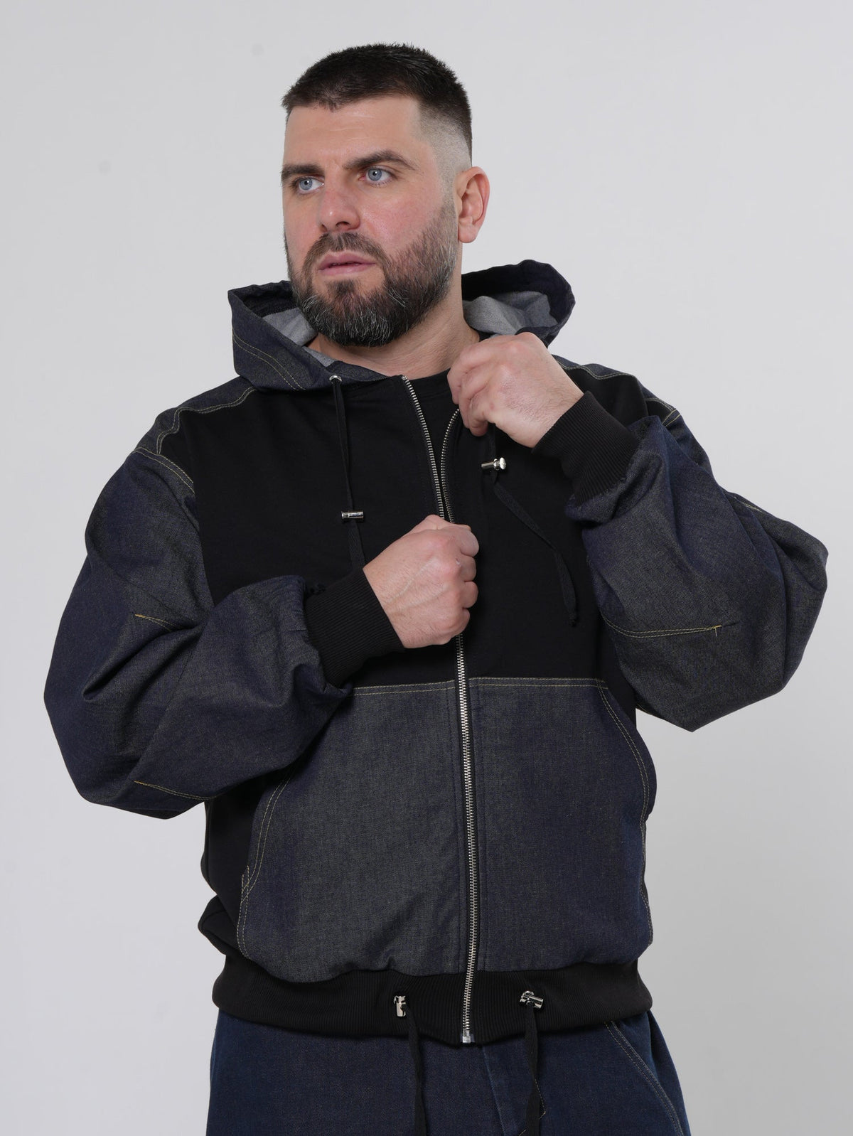 Men's Zip Jacket with Denim Shoulder Panels and Attached Hood