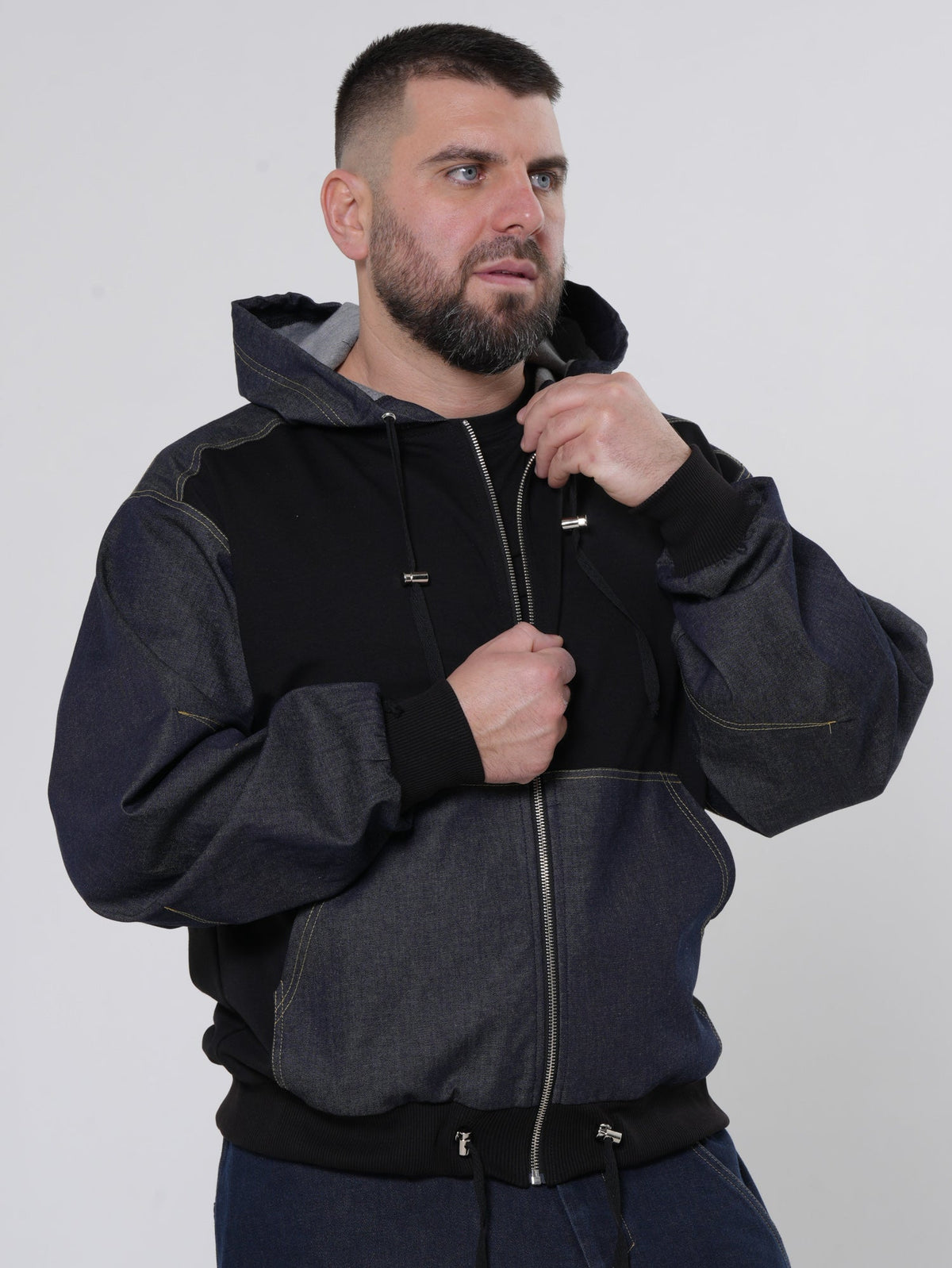 Men's Zip Jacket with Denim Shoulder Panels and Attached Hood