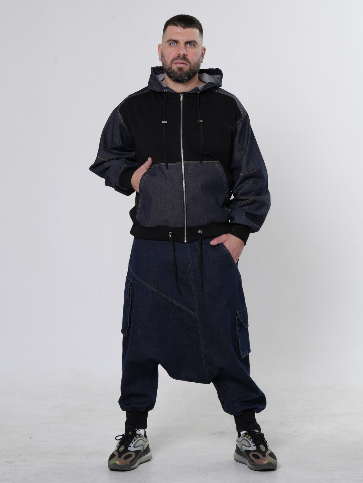 Men's Zip Jacket with Denim Shoulder Panels and Attached Hood