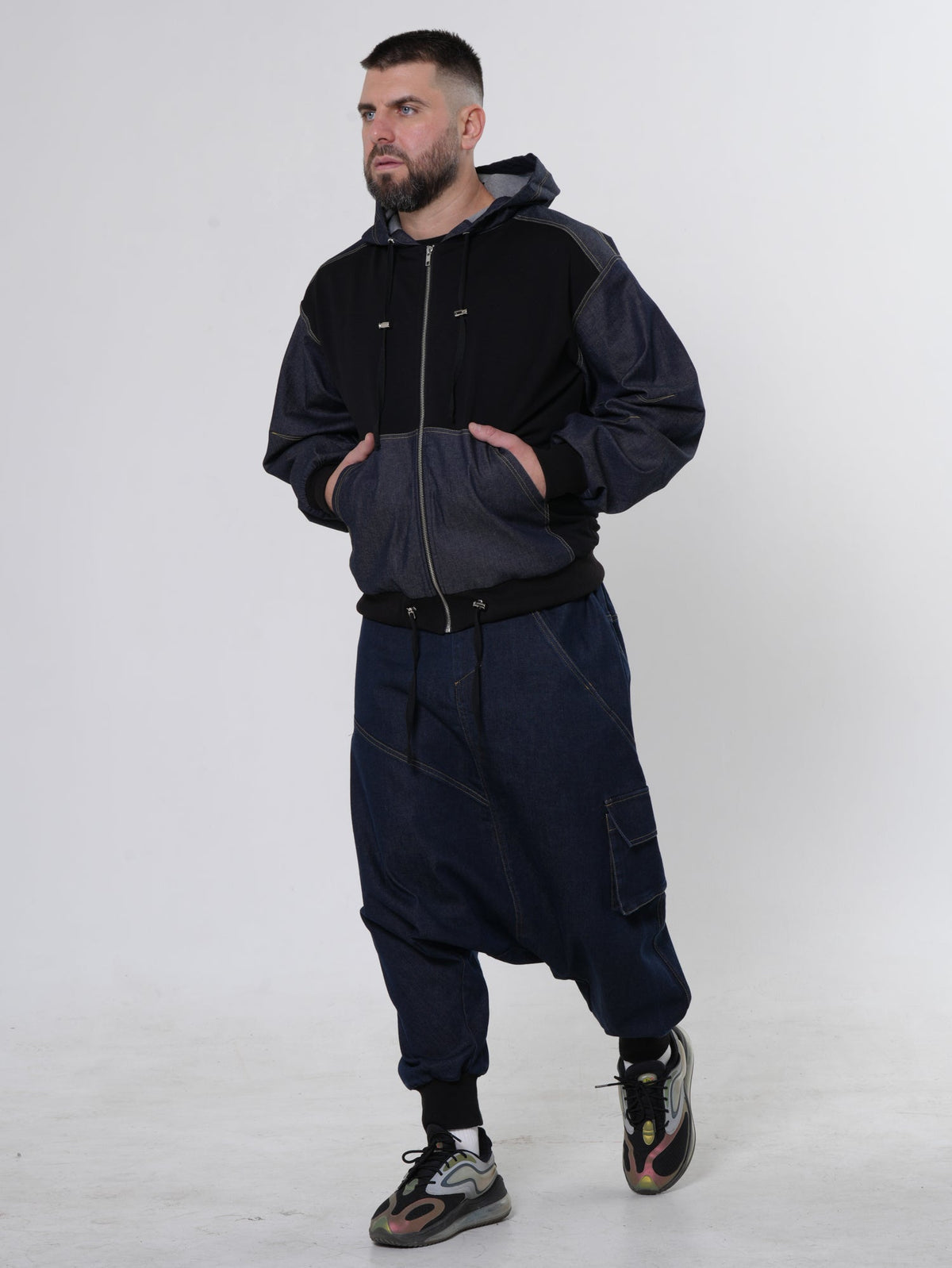 Men's Zip Jacket with Denim Shoulder Panels and Attached Hood