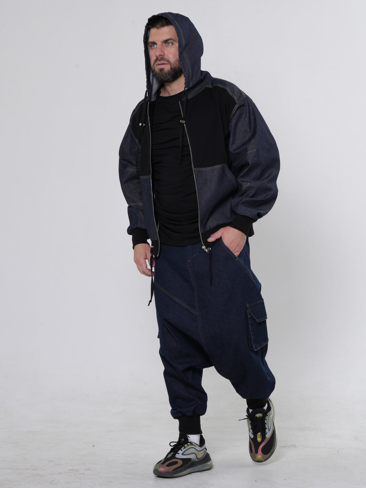 Men's Zip Jacket with Denim Shoulder Panels and Attached Hood