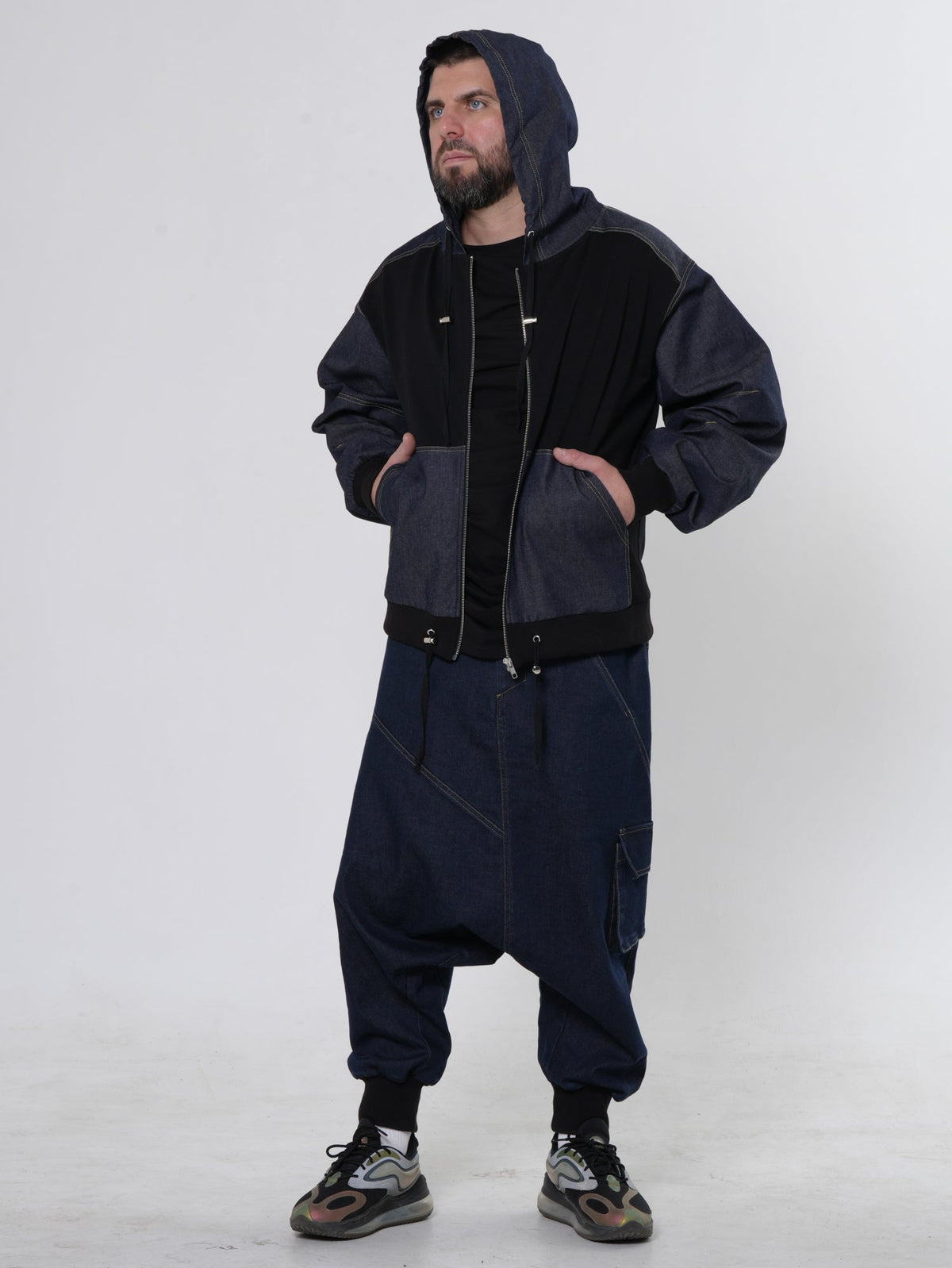 Men's Zip Jacket with Denim Shoulder Panels and Attached Hood