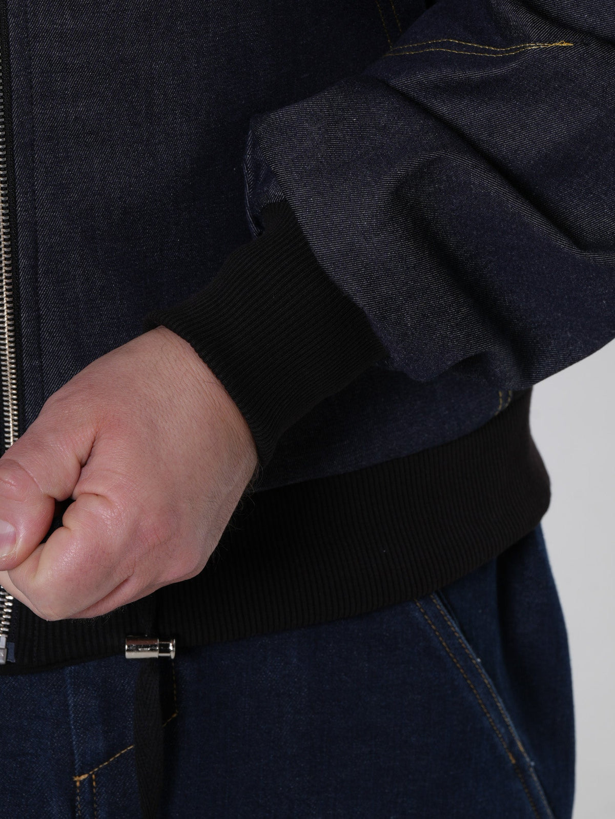 Men's Zip Jacket with Denim Shoulder Panels and Attached Hood