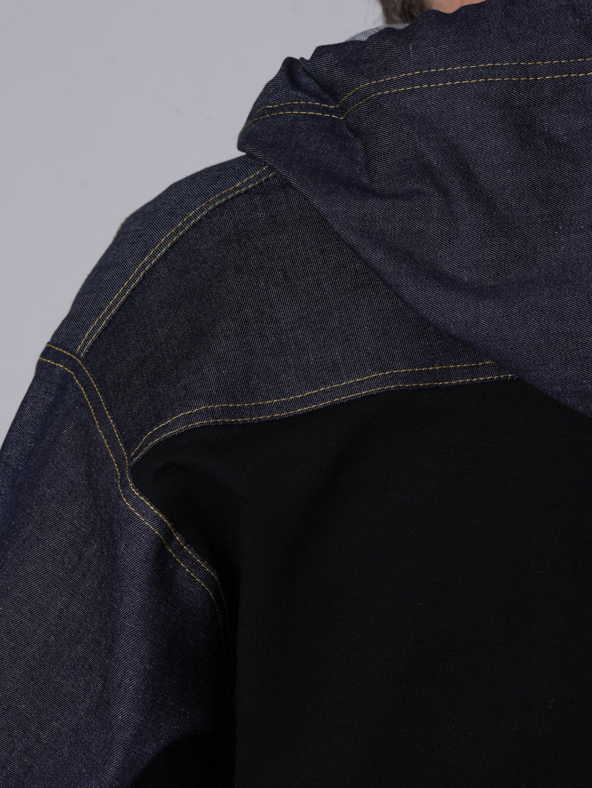 Men's Zip Jacket with Denim Shoulder Panels and Attached Hood
