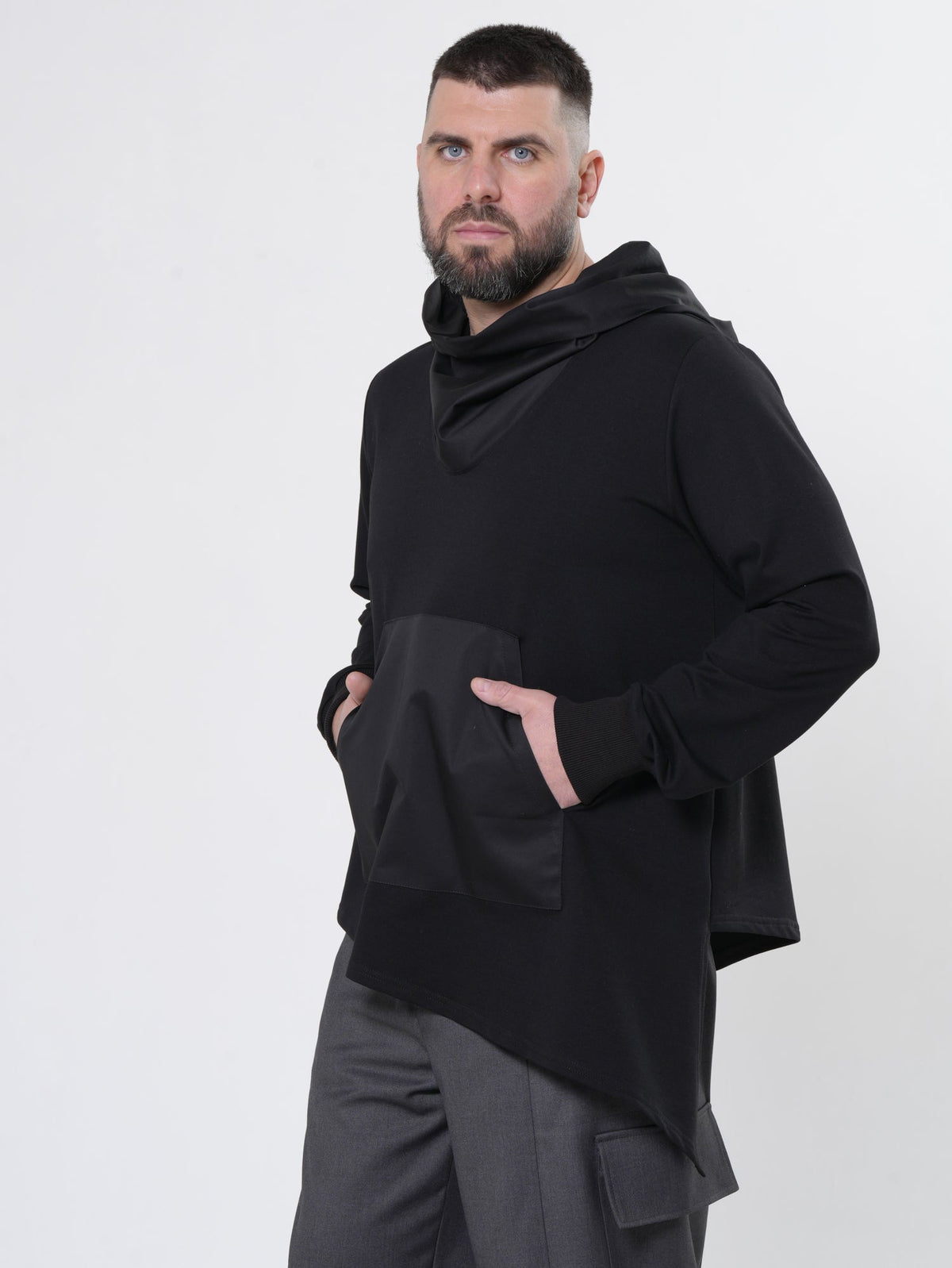 Asymmetric French Terry Hoodie with Kangaroo Pocket and Ribbed Cuffs
