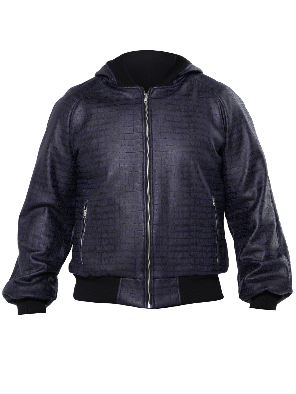 Hooded Bomber Jacket with Crocodile Embossed Texture and Ribbed Cuffs, Blue
