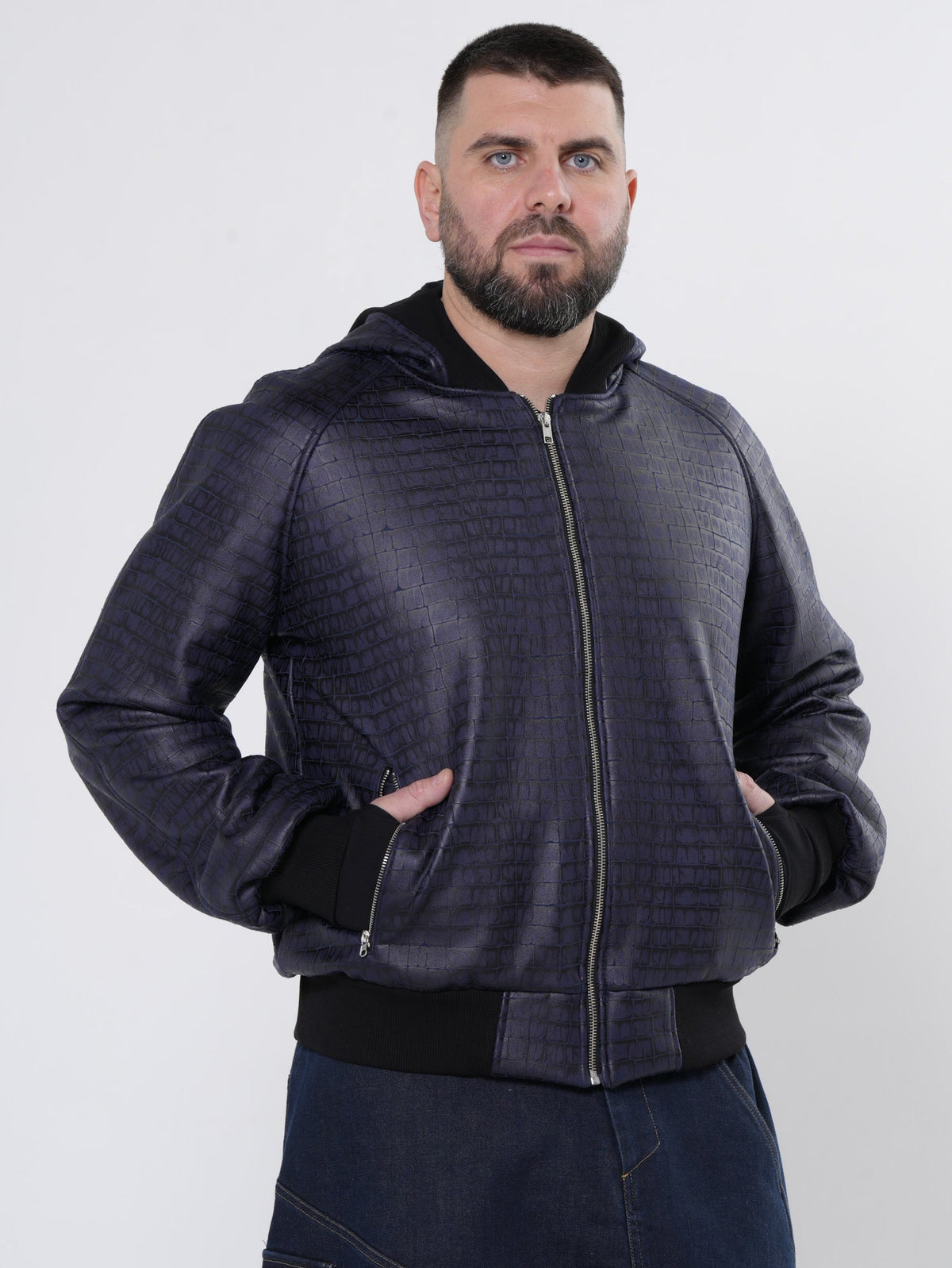 Hooded Bomber Jacket with Crocodile Embossed Texture and Ribbed Cuffs, Blue