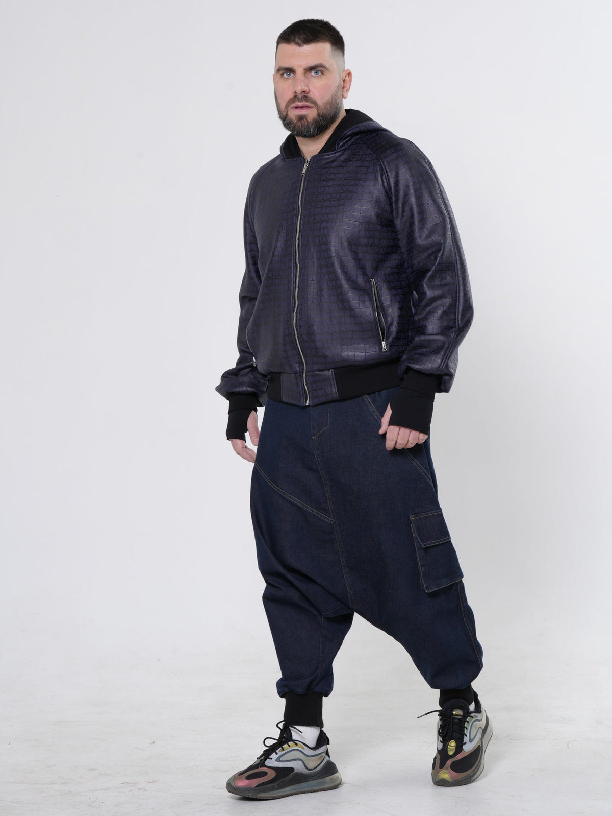 Hooded Bomber Jacket with Crocodile Embossed Texture and Ribbed Cuffs, Blue