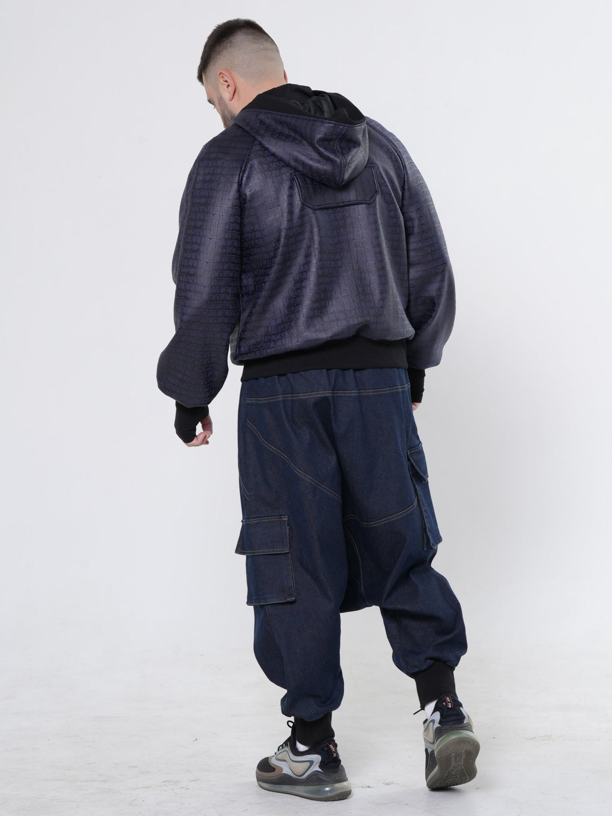 Hooded Bomber Jacket with Crocodile Embossed Texture and Ribbed Cuffs, Blue