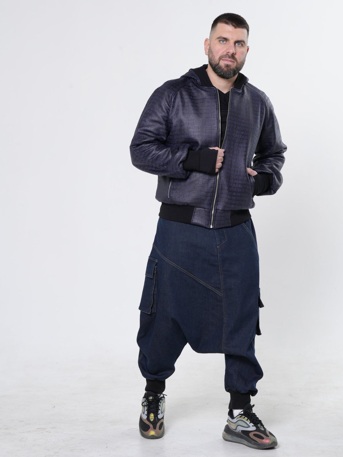 Hooded Bomber Jacket with Crocodile Embossed Texture and Ribbed Cuffs, Blue
