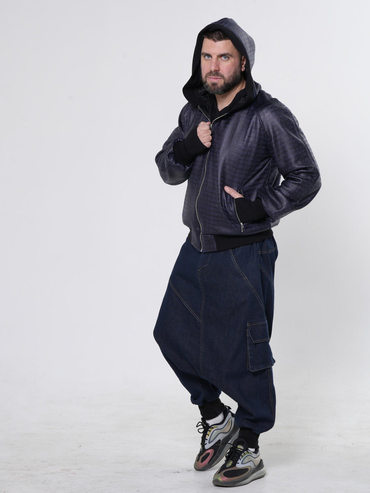 Hooded Bomber Jacket with Crocodile Embossed Texture and Ribbed Cuffs, Blue