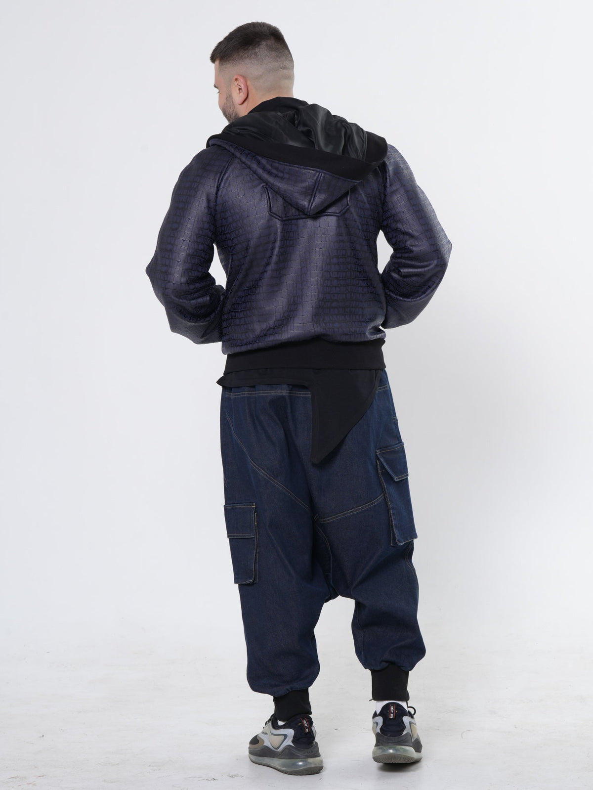 Hooded Bomber Jacket with Crocodile Embossed Texture and Ribbed Cuffs, Blue