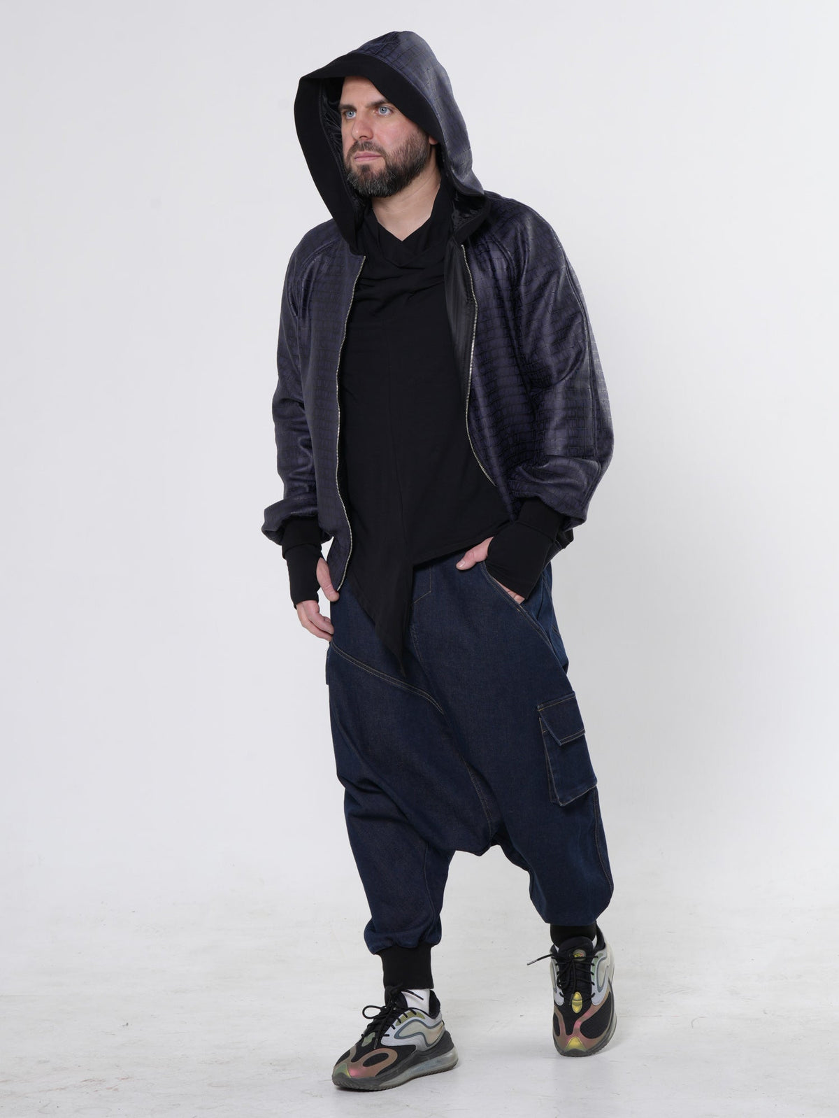 Hooded Bomber Jacket with Crocodile Embossed Texture and Ribbed Cuffs, Blue