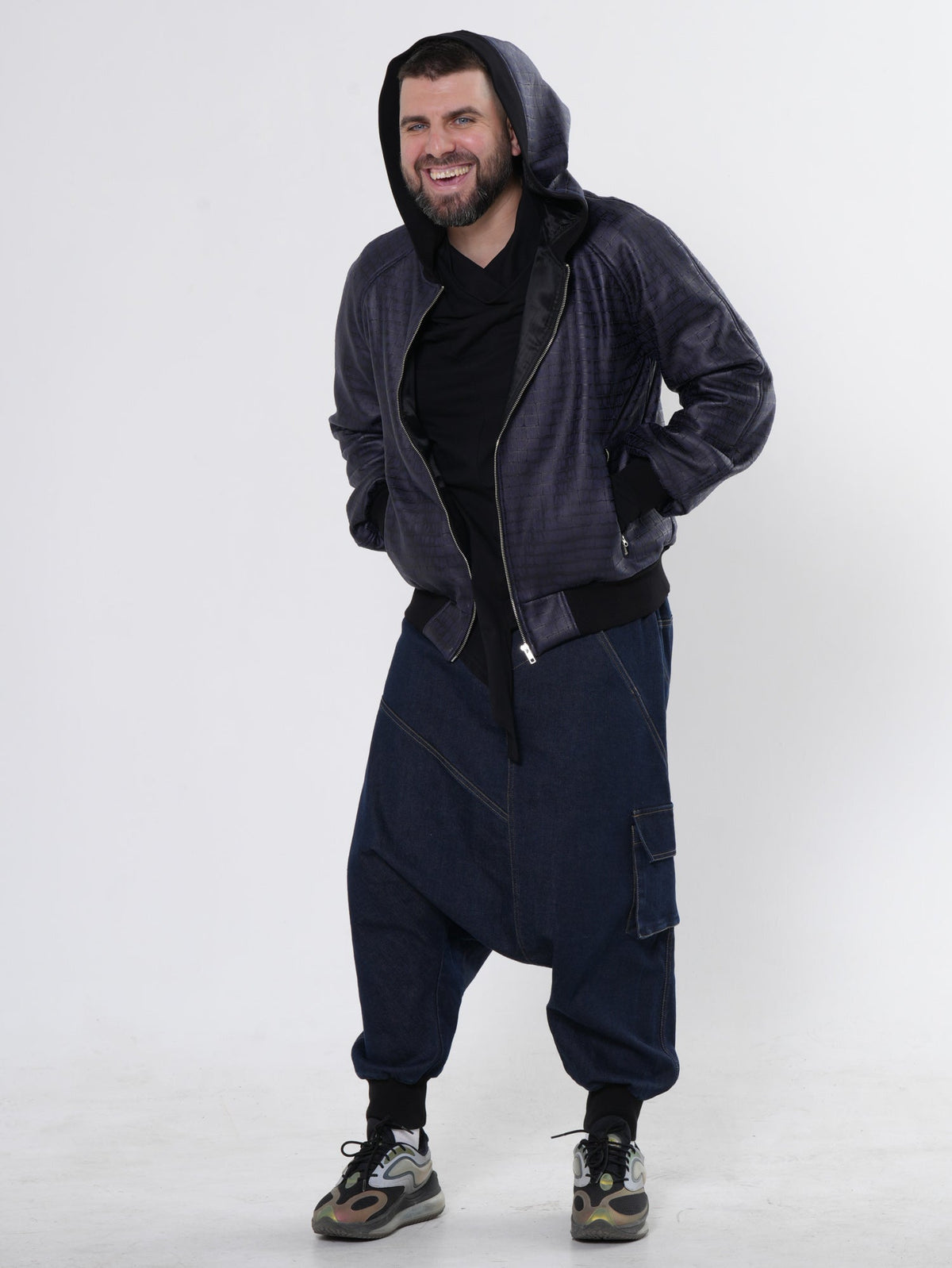 Hooded Bomber Jacket with Crocodile Embossed Texture and Ribbed Cuffs, Blue