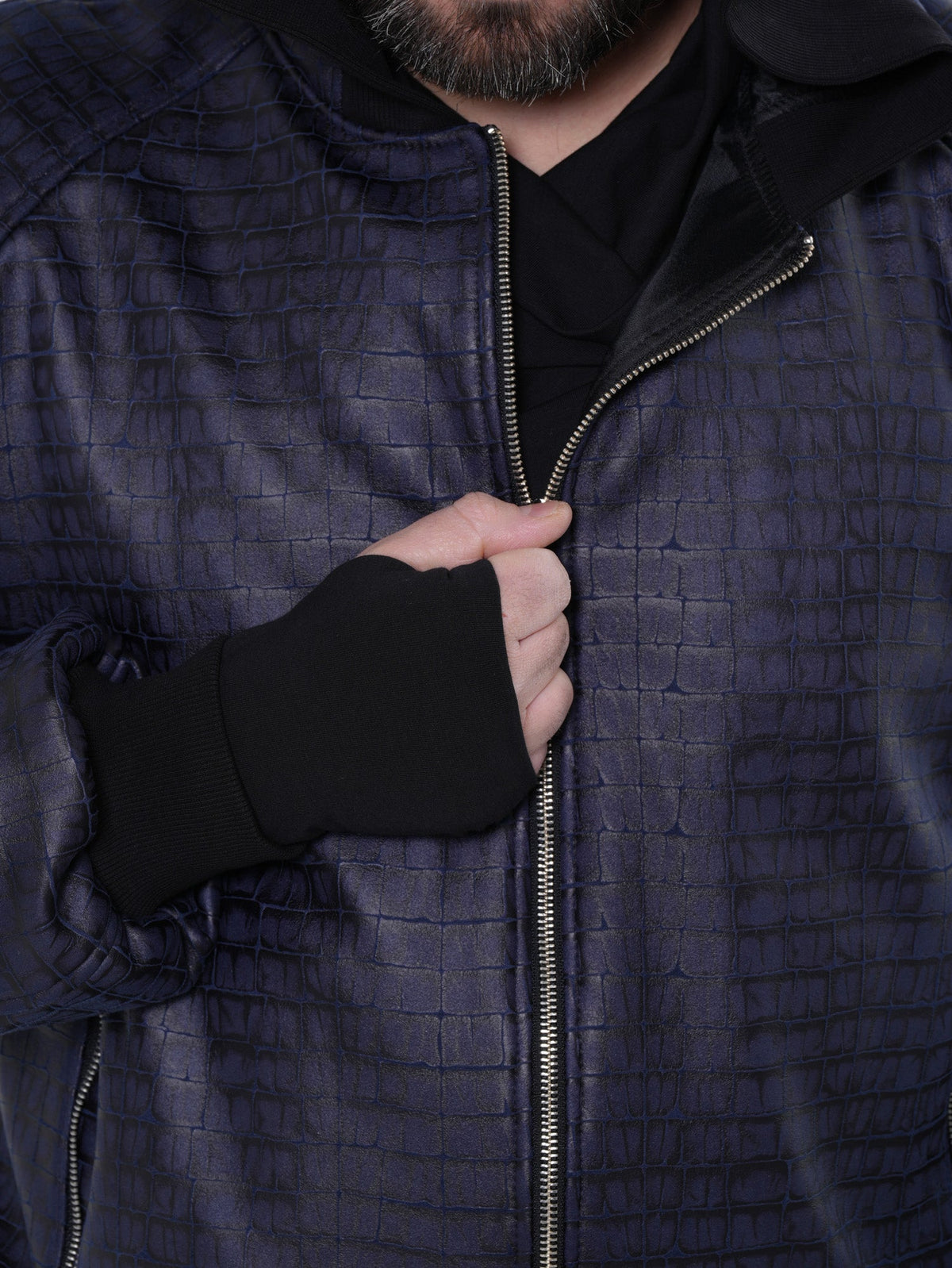 Hooded Bomber Jacket with Crocodile Embossed Texture and Ribbed Cuffs, Blue